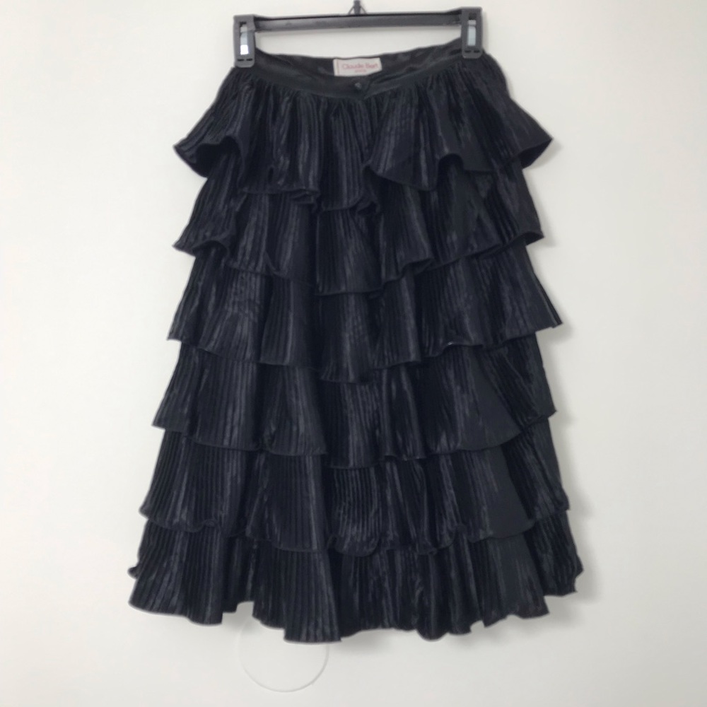 Vintage Claude Berte Tiered Ruffled A-Line Satin Black Skirt Size 36 Midi
